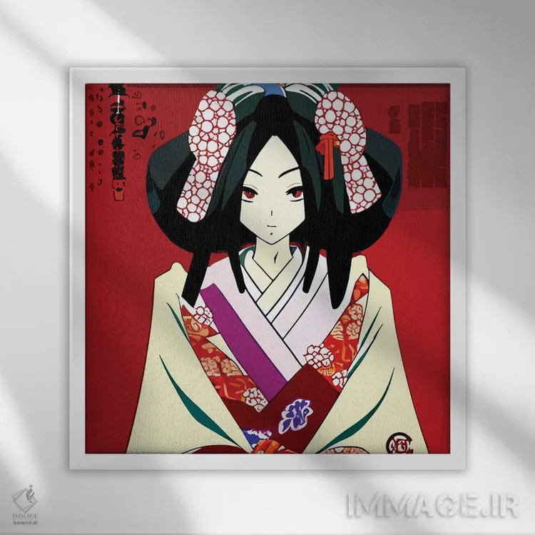 تابلو گیشا در انیمه با لباس سنتی اثر آلساندرو دلا توره - نمای قابدار سفید