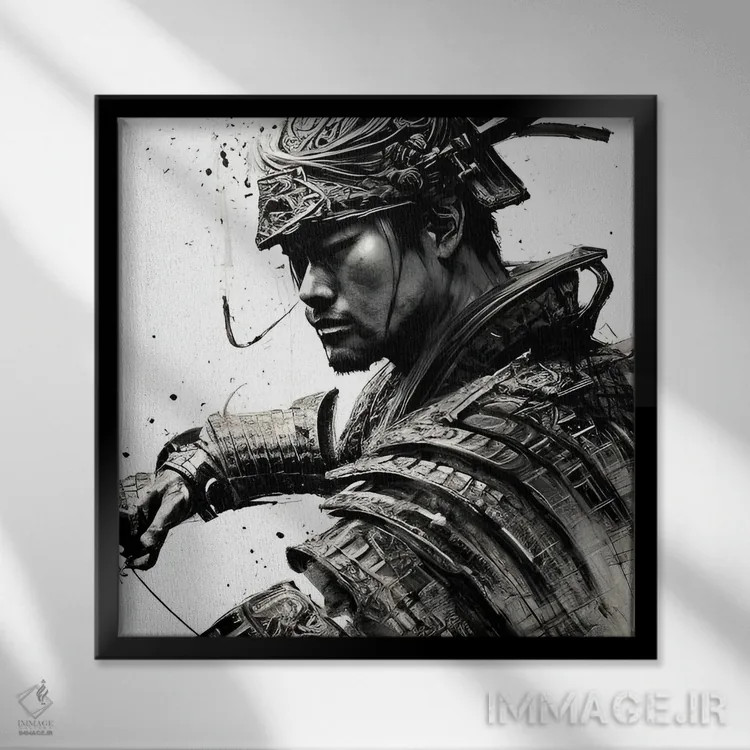 تابلو جنگجوی سامورایی ژاپنی اثر آلساندرو دلا توره - نمای قابدار مشکی