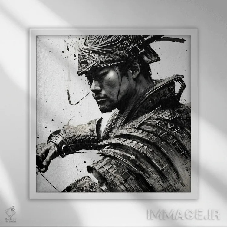 تابلو جنگجوی سامورایی ژاپنی اثر آلساندرو دلا توره - نمای قابدار سفید