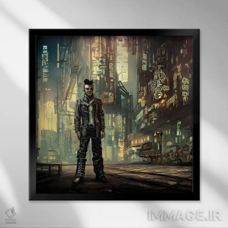 تابلو مرد تنها در میدان تایمز سایبرپانک اثر آلساندرو دلا توره - نمای قابدار مشکی