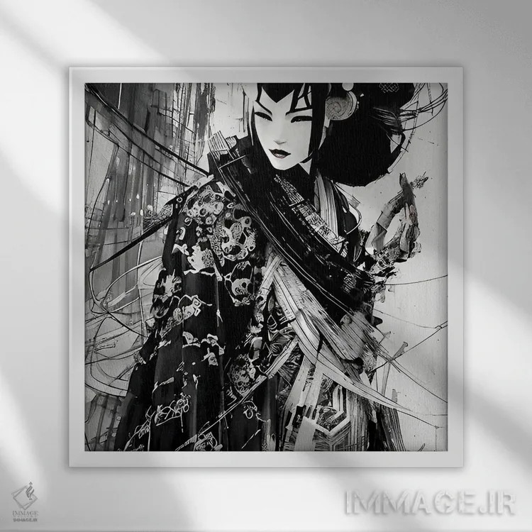 تابلو طرحی از یک گیشا ژاپنی اثر آلساندرو دلا توره - نمای قابدار سفید