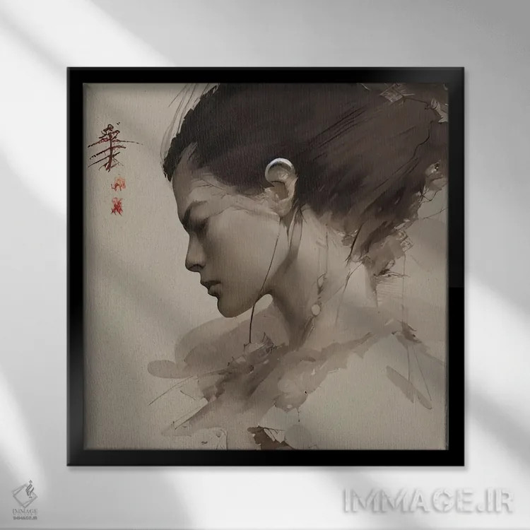 تابلو طرحی از یک زن ژاپنی اثر آلساندرو دلا توره - نمای قابدار مشکی