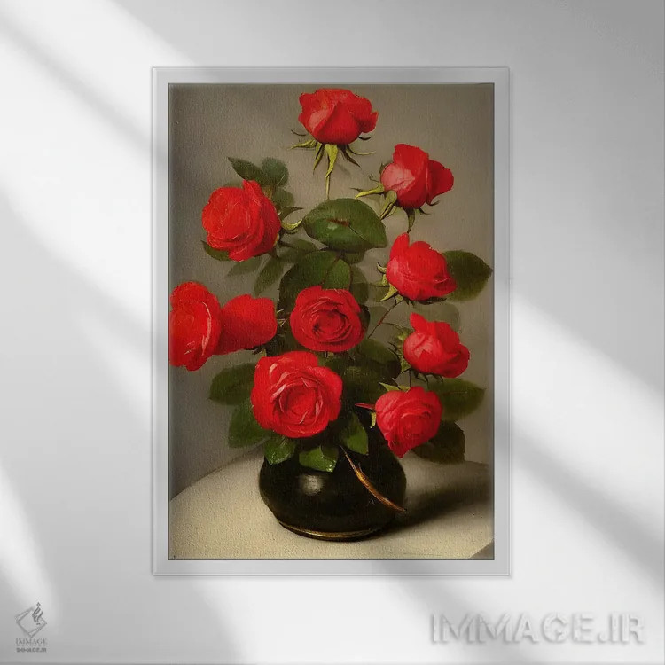 تابلو سکون گلهای قرمز هوش مصنوعی ۲ اثر آلساندرو دلا توره - نمای قابدار سفید