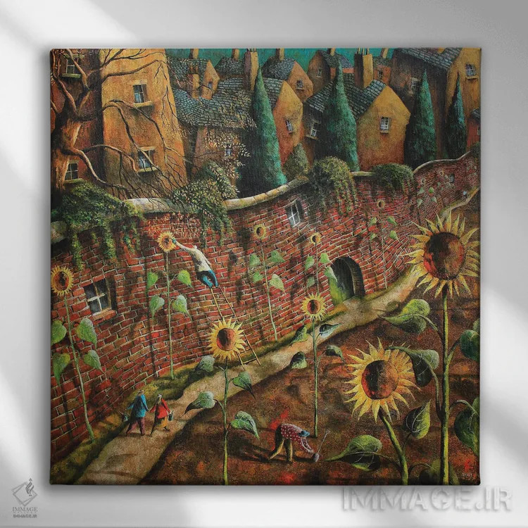 تابلو کاشت گل آفتابگردان اثر آدریان سایکس - نمای روبهرو روی دیوار