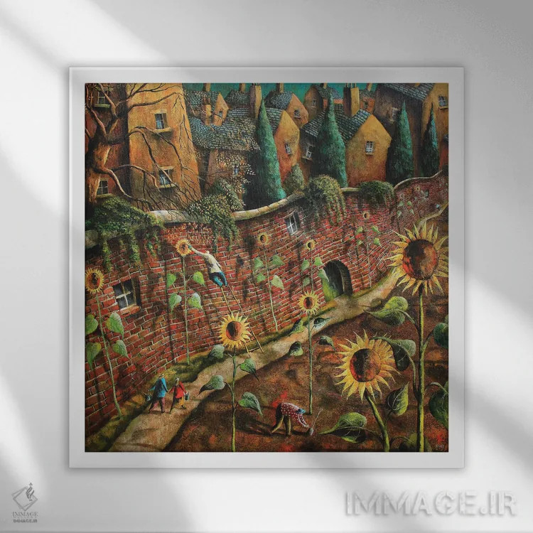 تابلو کاشت گل آفتابگردان اثر آدریان سایکس - نمای قابدار سفید