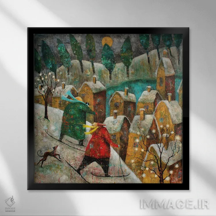 تابلو مسافران در برف اثر آدریان سایکس - نمای قابدار مشکی