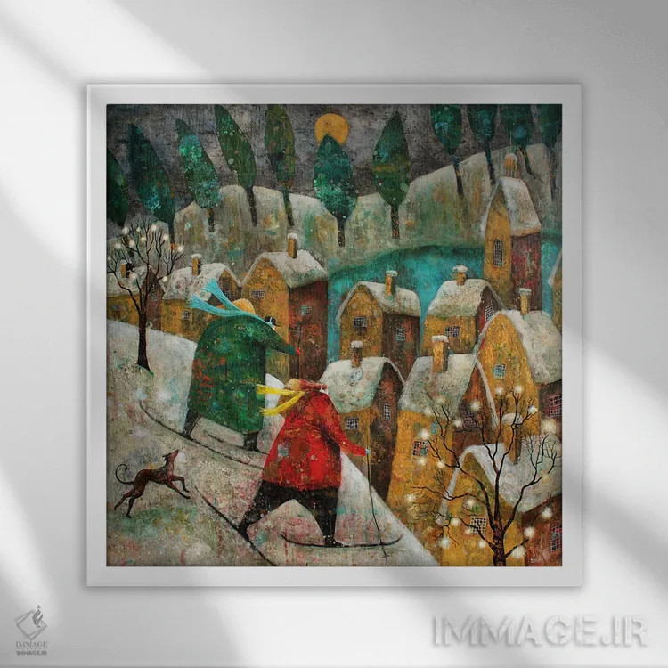 تابلو مسافران در برف اثر آدریان سایکس - نمای قابدار سفید