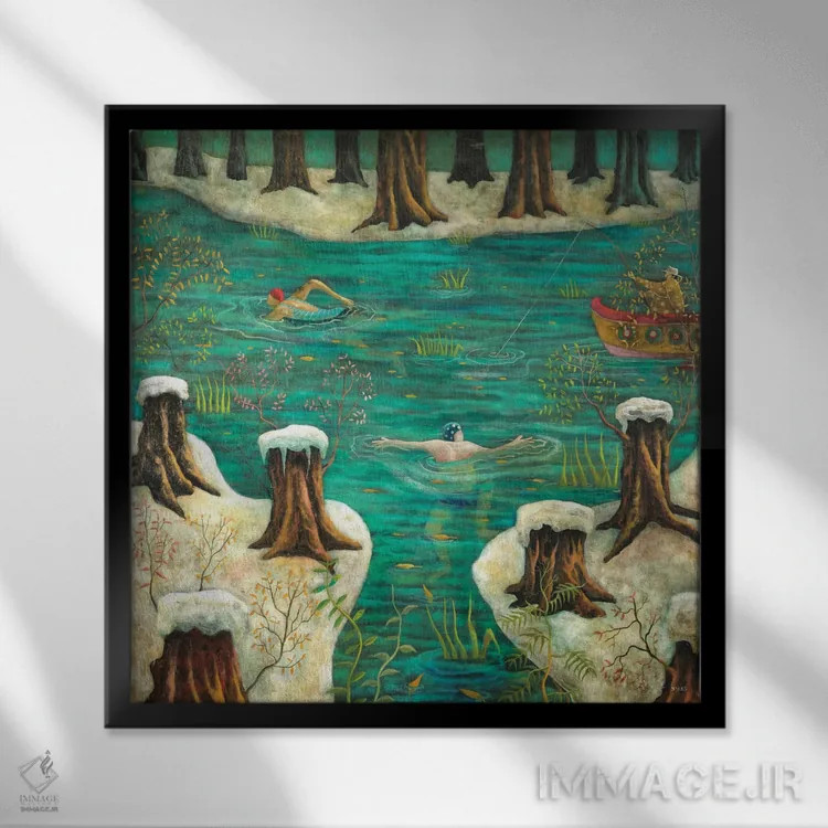 تابلو شنا در زمستان اثر آدریان سایکس - نمای قابدار مشکی