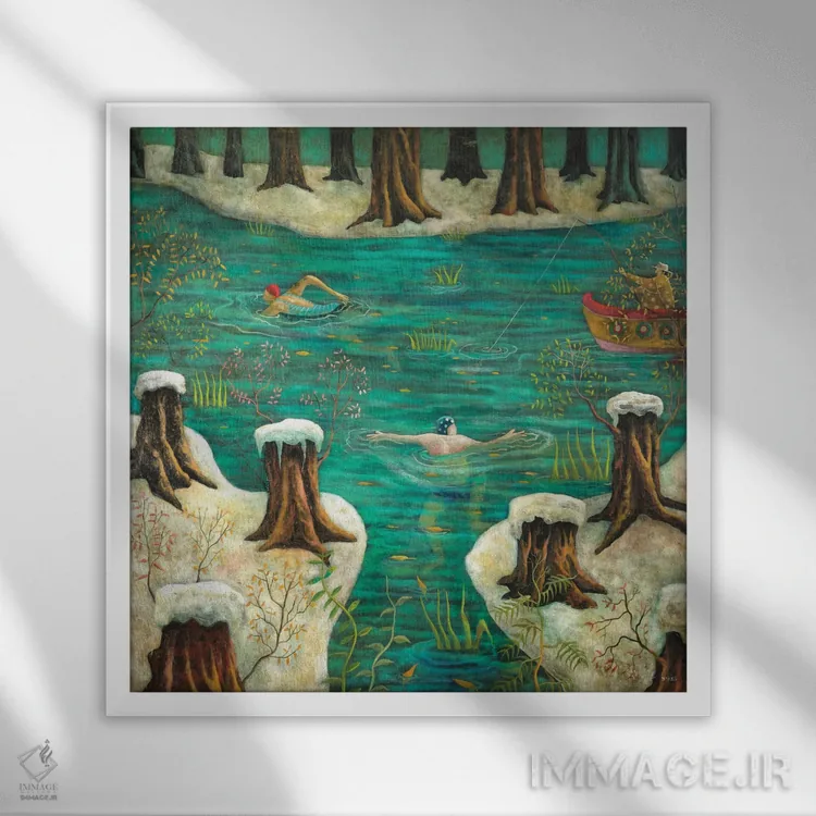 تابلو شنا در زمستان اثر آدریان سایکس - نمای قابدار سفید