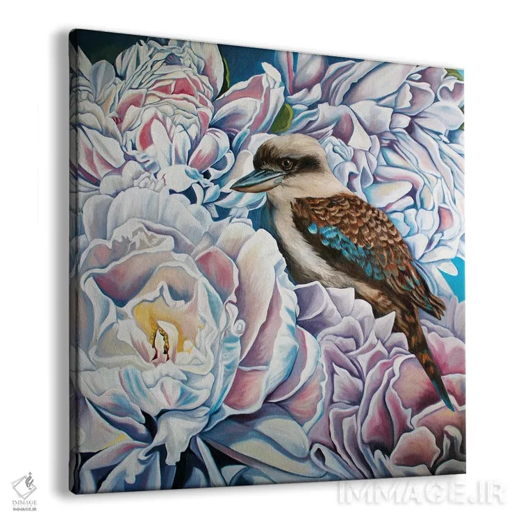 تابلو پیونیها و کوکابورا (پرنده) اثر آماندا کامرون - نمای پرسپکتیو محصول