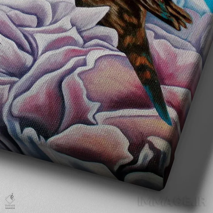 تابلو پیونیها و کوکابورا (پرنده) اثر آماندا کامرون - نمای نزدیک بافت بوم