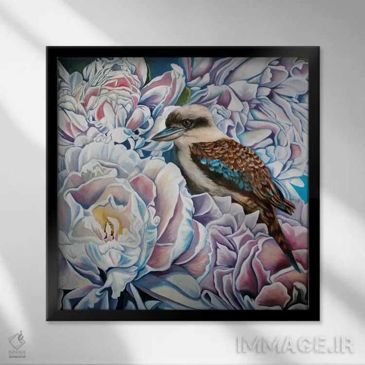 تابلو پیونیها و کوکابورا (پرنده) اثر آماندا کامرون - نمای قابدار مشکی