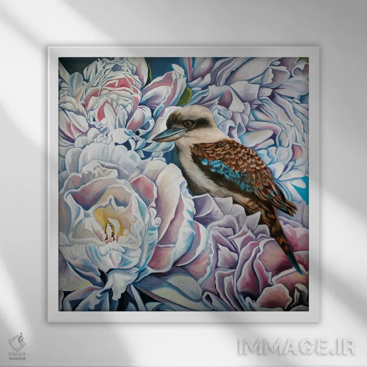 تابلو پیونیها و کوکابورا (پرنده) اثر آماندا کامرون - نمای قابدار سفید