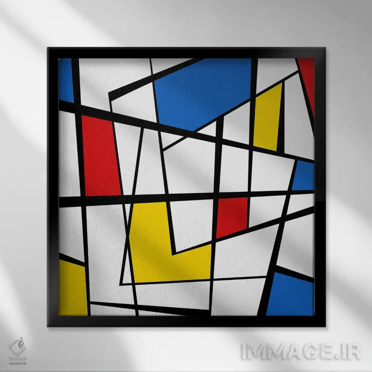 تابلو یاد موندریان شمارهٔ چهار (ادای احترام به Mondrian) اثر آنجِل استوز - نمای قابدار مشکی
