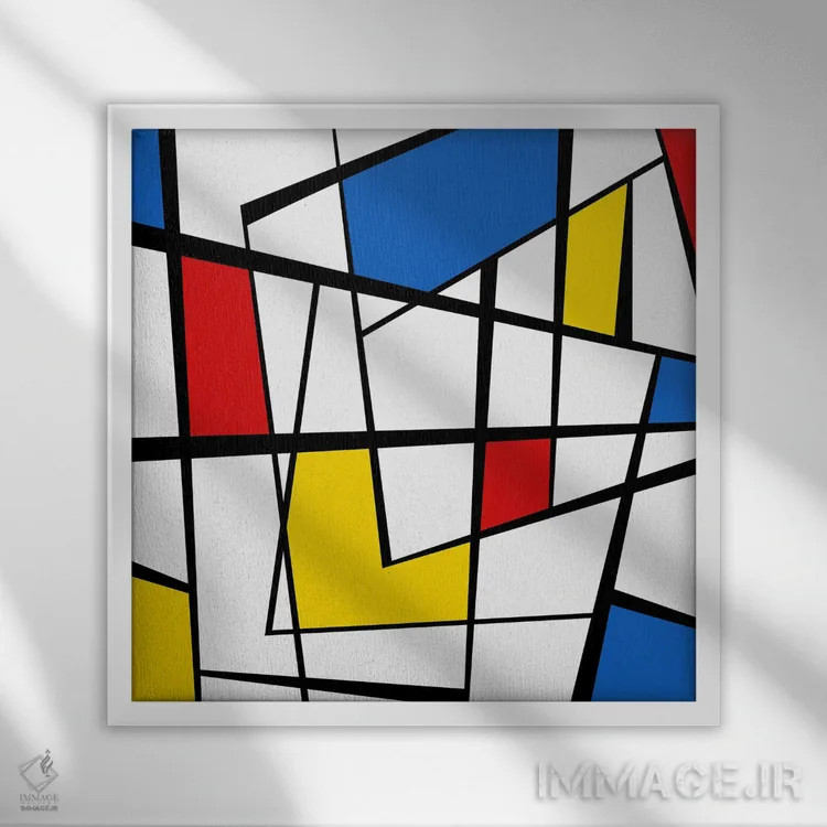 تابلو یاد موندریان شمارهٔ چهار (ادای احترام به Mondrian) اثر آنجِل استوز - نمای قابدار سفید