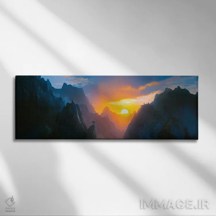 تابلو طلوع طلایی بر فراز کوهها اثر آنجِل استوز - نمای روبهرو روی دیوار