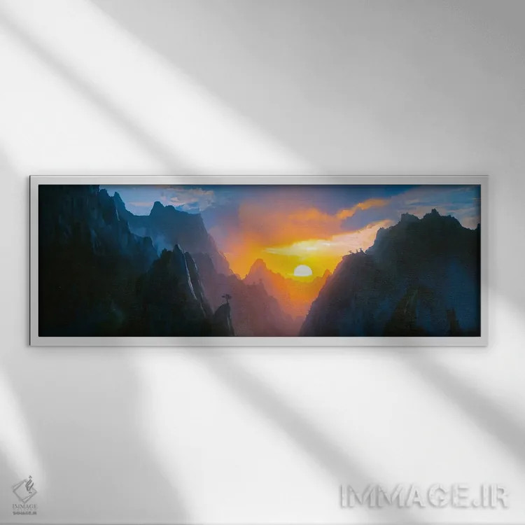 تابلو طلوع طلایی بر فراز کوهها اثر آنجِل استوز - نمای قابدار سفید