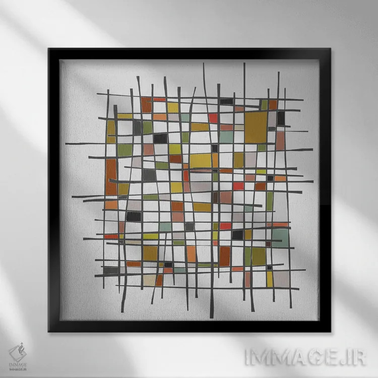 تابلو اشارهٔ موندریان (سبک هنری) اثر آنجِل استوز - نمای قابدار مشکی