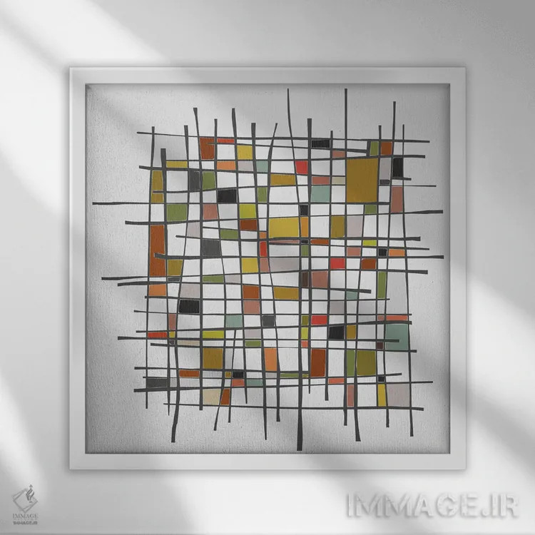 تابلو اشارهٔ موندریان (سبک هنری) اثر آنجِل استوز - نمای قابدار سفید