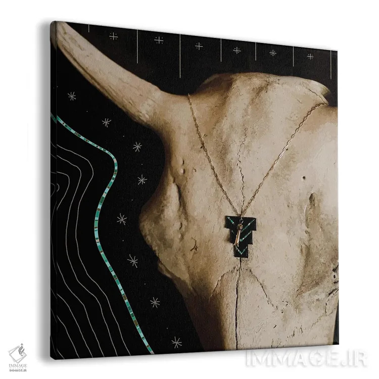 تابلو جمجمه بوفالو و فیروزهای اثر آلی فالکن - نمای پرسپکتیو محصول