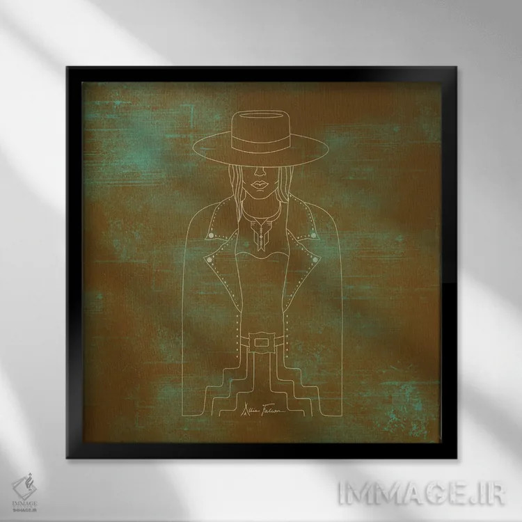تابلو بانوی قانونشکن در رنگ زنگزده و فیروزهای اثر آلی فالکن - نمای قابدار مشکی