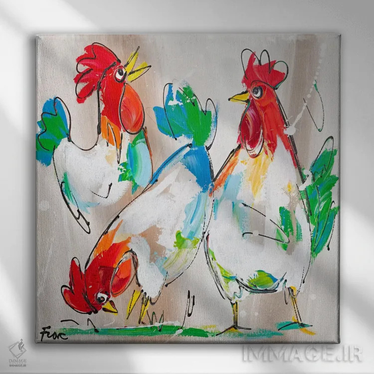 تابلو خروسها در حال صحبت اثر آرت فیوره - نمای روبهرو روی دیوار