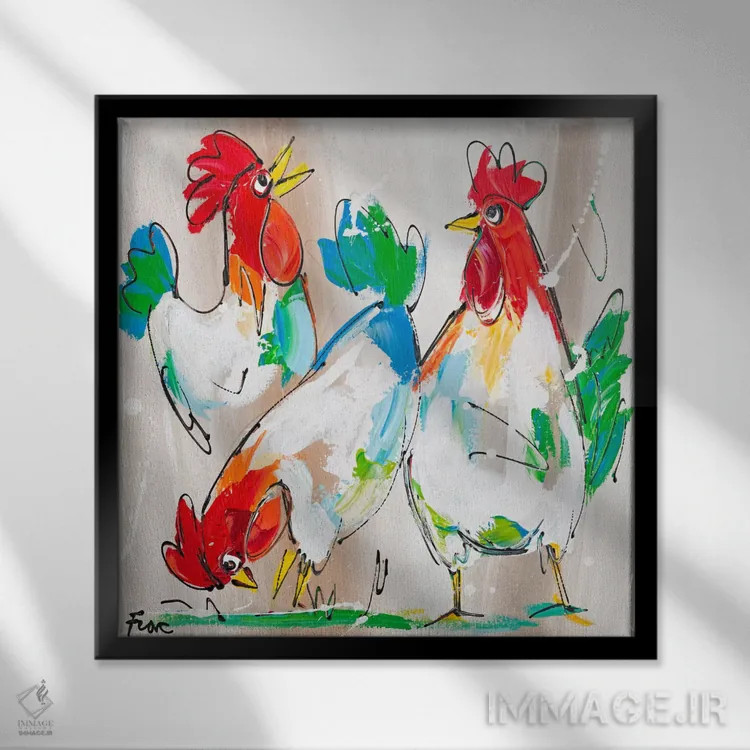 تابلو خروسها در حال صحبت اثر آرت فیوره - نمای قابدار مشکی