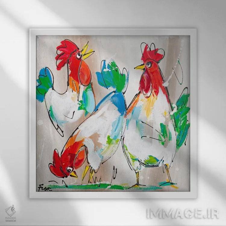 تابلو خروسها در حال صحبت اثر آرت فیوره - نمای قابدار سفید