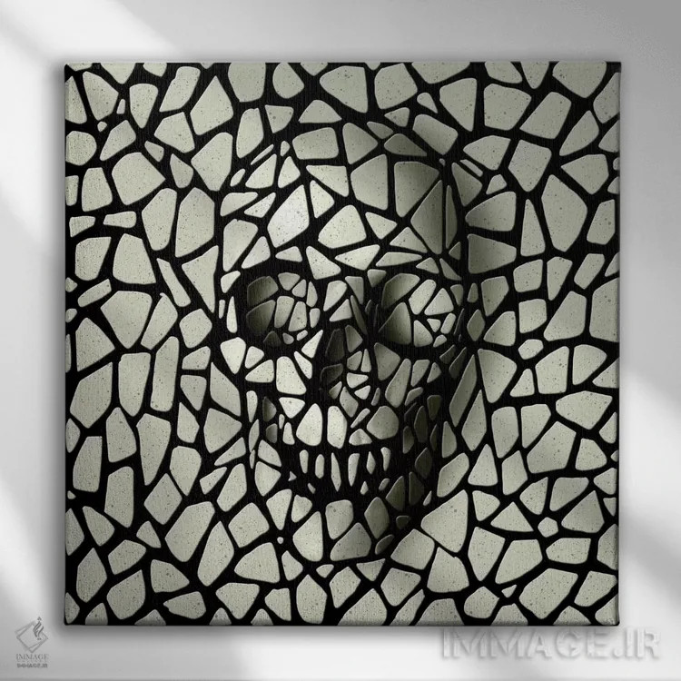 تابلو جمجمه موزاییک تکرنگ اثر علی گولچ - نمای روبهرو روی دیوار