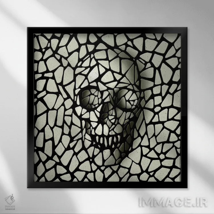 تابلو جمجمه موزاییک تکرنگ اثر علی گولچ - نمای قابدار مشکی