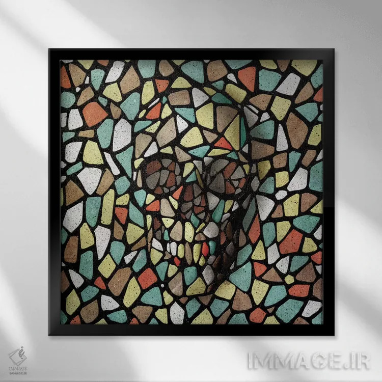 تابلو جمجمه موزاییک رنگی اثر علی گولچ - نمای قابدار مشکی