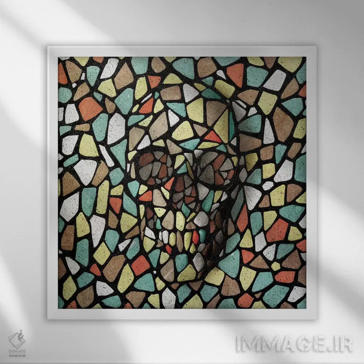 تابلو جمجمه موزاییک رنگی اثر علی گولچ - نمای قابدار سفید