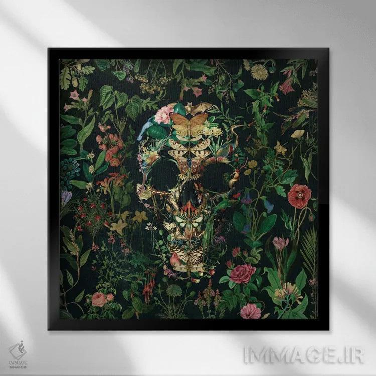 تابلو جمجمه پروانهای مربع اثر علی گولچ - نمای قابدار مشکی