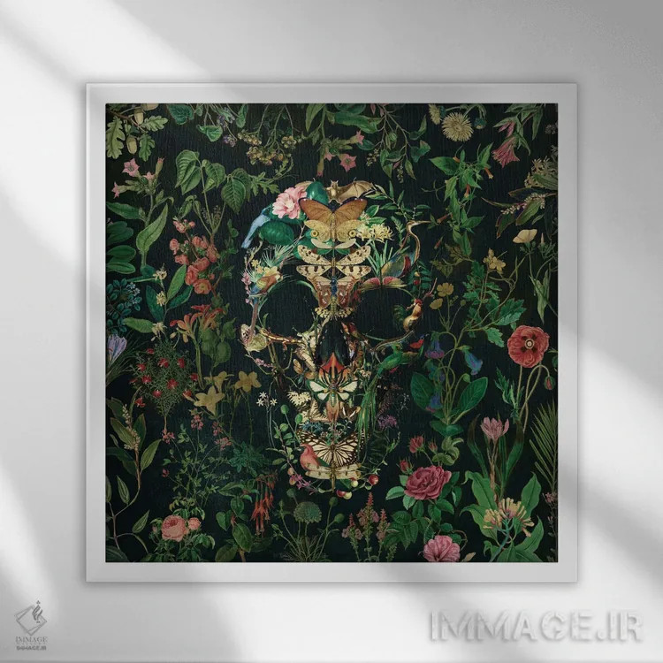 تابلو جمجمه پروانهای مربع اثر علی گولچ - نمای قابدار سفید