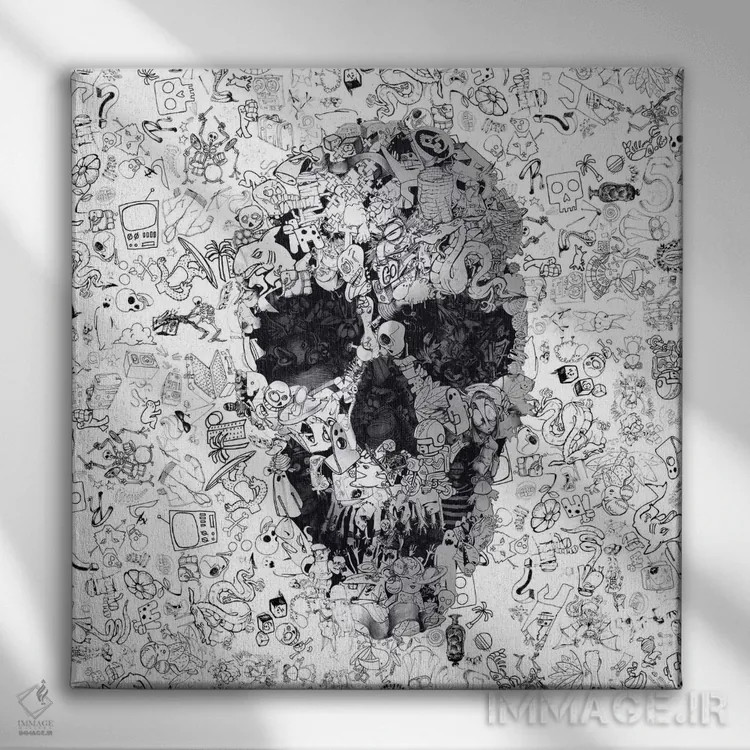 تابلو جمجمه خطخطی مربع اثر علی گولچ - نمای روبهرو روی دیوار