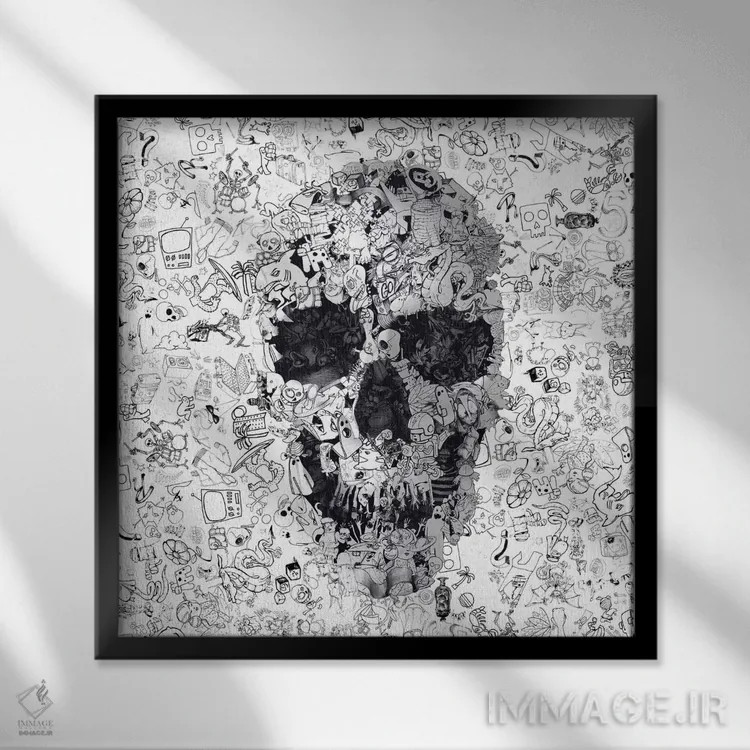 تابلو جمجمه خطخطی مربع اثر علی گولچ - نمای قابدار مشکی