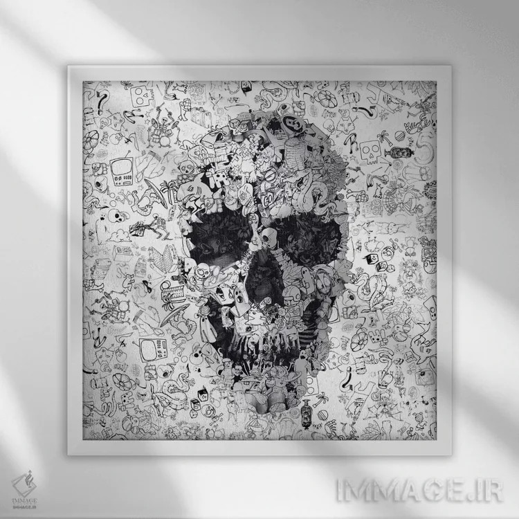 تابلو جمجمه خطخطی مربع اثر علی گولچ - نمای قابدار سفید