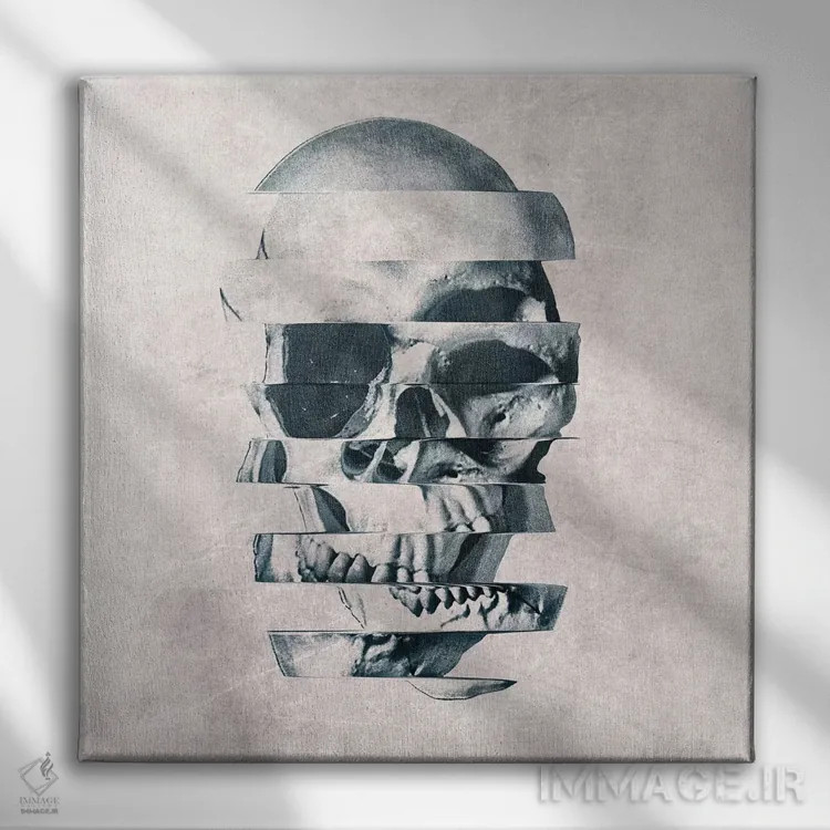 تابلو جمجمه گلیچ مونو (جمجمه با افکت خرابی یکرنگ) اثر علی گولچ - نمای روبهرو روی دیوار
