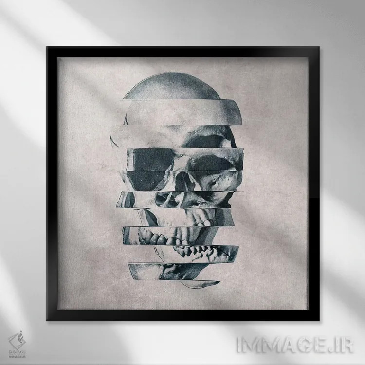 تابلو جمجمه گلیچ مونو (جمجمه با افکت خرابی یکرنگ) اثر علی گولچ - نمای قابدار مشکی