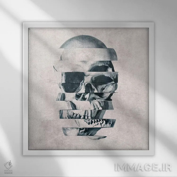 تابلو جمجمه گلیچ مونو (جمجمه با افکت خرابی یکرنگ) اثر علی گولچ - نمای قابدار سفید