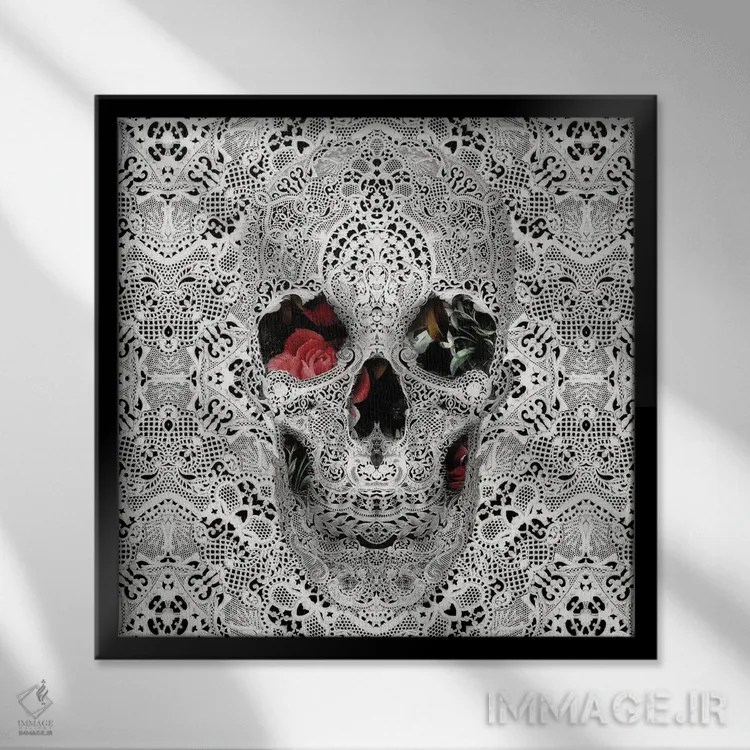 تابلو جمجمه توری II، مربع (مربع = نسخه مربعی) اثر علی گولچ - نمای قابدار مشکی