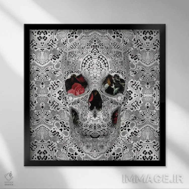 تابلو جمجمه توری II، مربع (مربع = نسخه مربعی) اثر علی گولچ - نمای قابدار مشکی