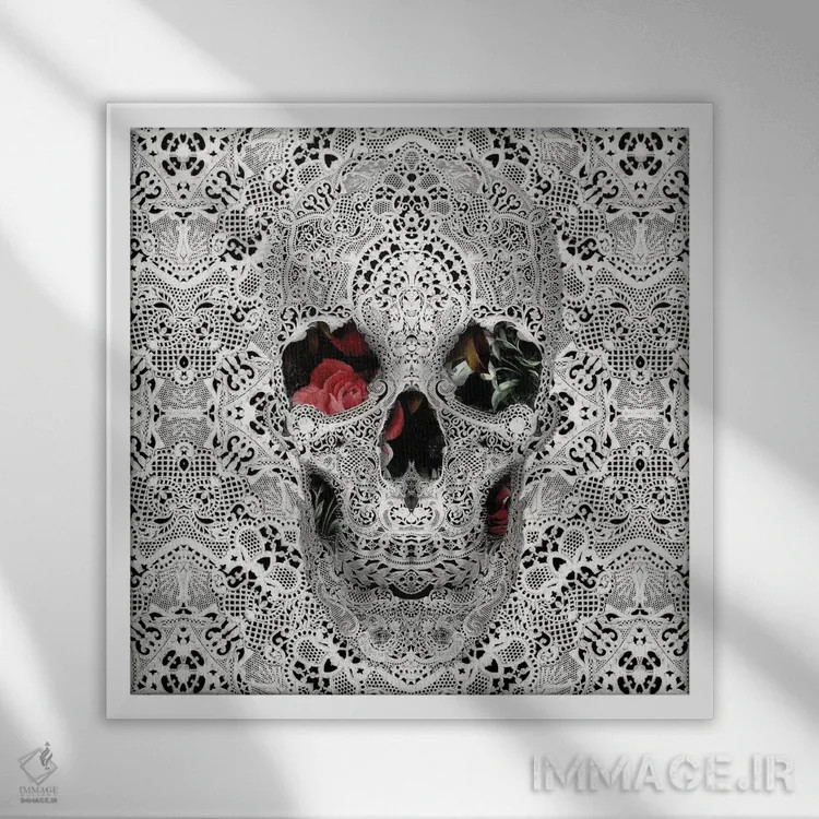 تابلو جمجمه توری II، مربع (مربع = نسخه مربعی) اثر علی گولچ - نمای قابدار سفید