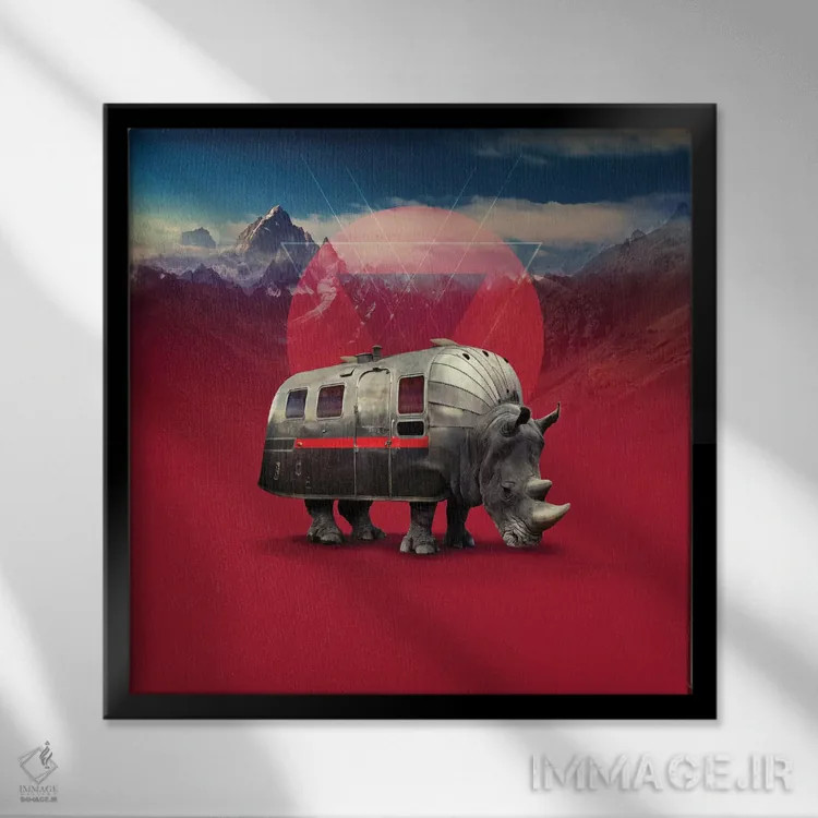 تابلو کرگدن، مربع اثر علی گولچ - نمای قابدار مشکی