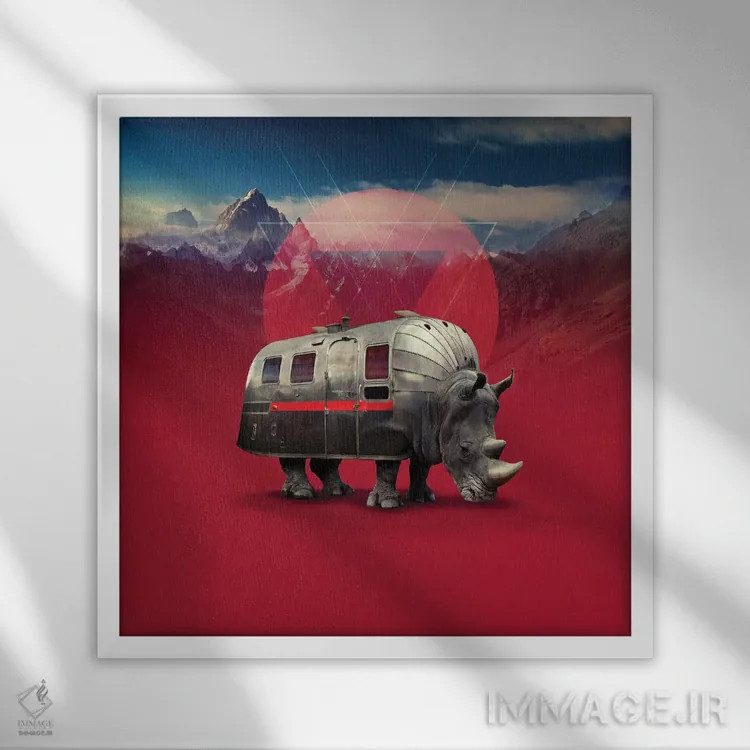 تابلو کرگدن، مربع اثر علی گولچ - نمای قابدار سفید