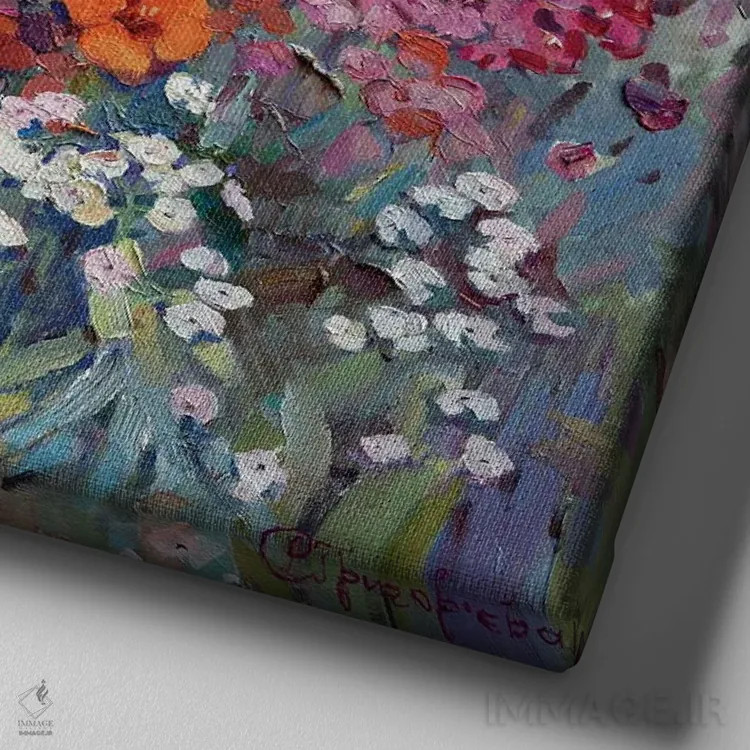 تابلو گلها اثر آناستاسیا گریگوریوا - نمای نزدیک بافت بوم