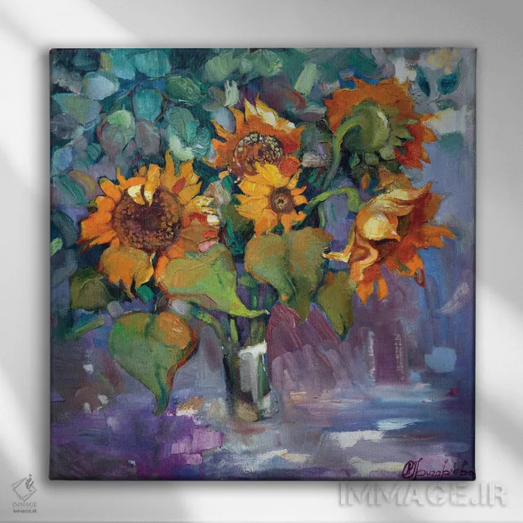 تابلو آفتابگردانها در گلدان اثر آناستاسیا گریگوریوا - نمای روبهرو روی دیوار