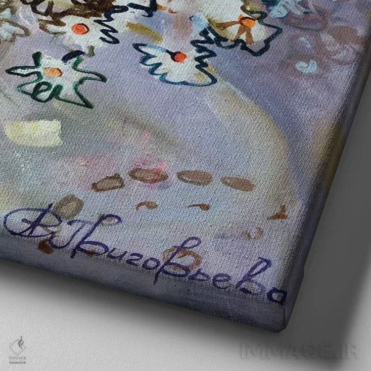 تابلو مرواریدها (یا گل داوودی) اثر آناستاسیا گریگوریوا - نمای نزدیک بافت بوم