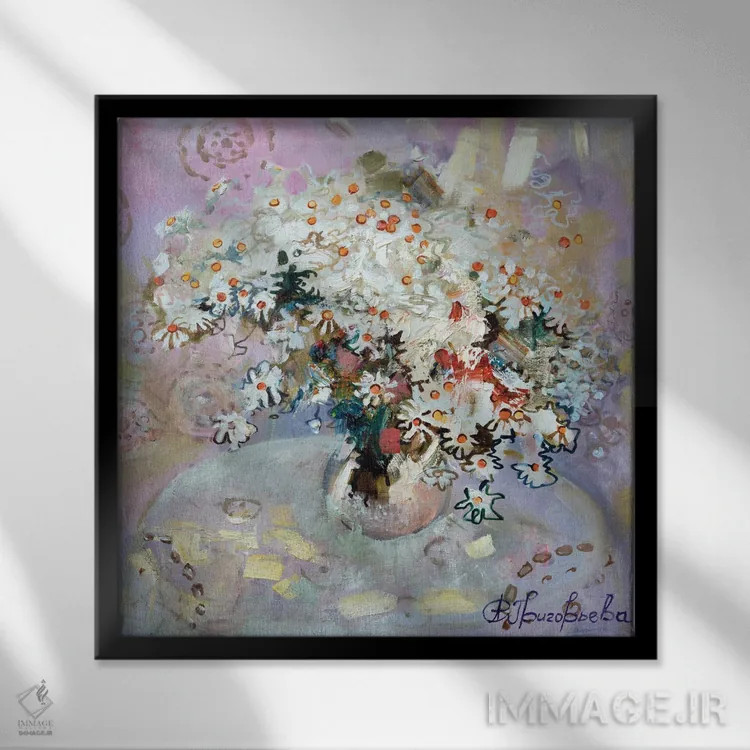 تابلو مرواریدها (یا گل داوودی) اثر آناستاسیا گریگوریوا - نمای قابدار مشکی