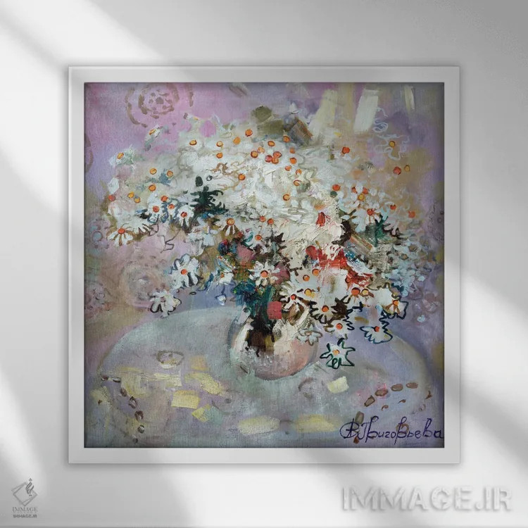 تابلو مرواریدها (یا گل داوودی) اثر آناستاسیا گریگوریوا - نمای قابدار سفید